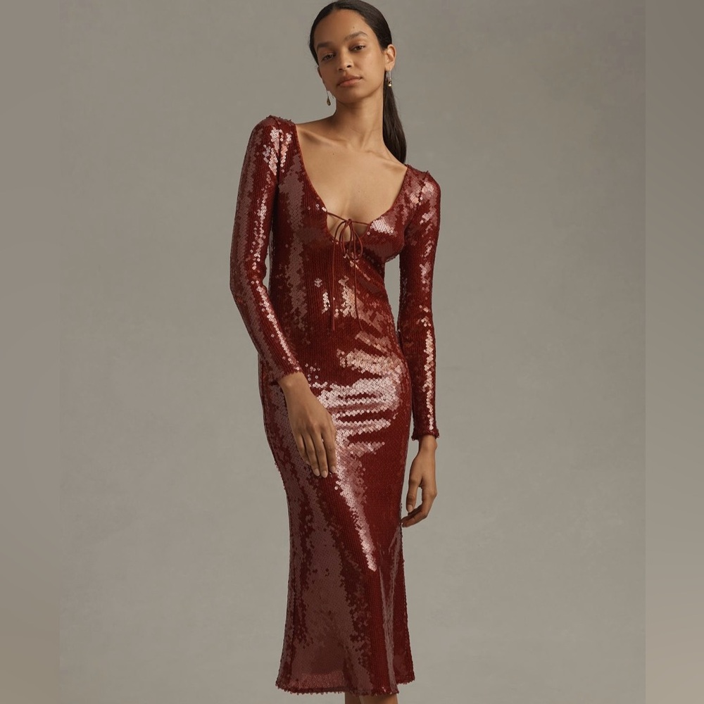 Anthropologie bardot verona long-sleeve sequin slim midi dress in Wine